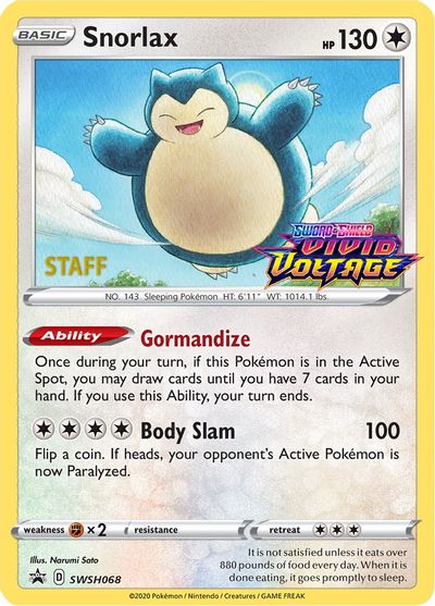 Snorlax (SWSH068) (Staff Prerelease Promo) [Sword & Shield: Black Star Promos] | Eastridge Sports Cards & Games