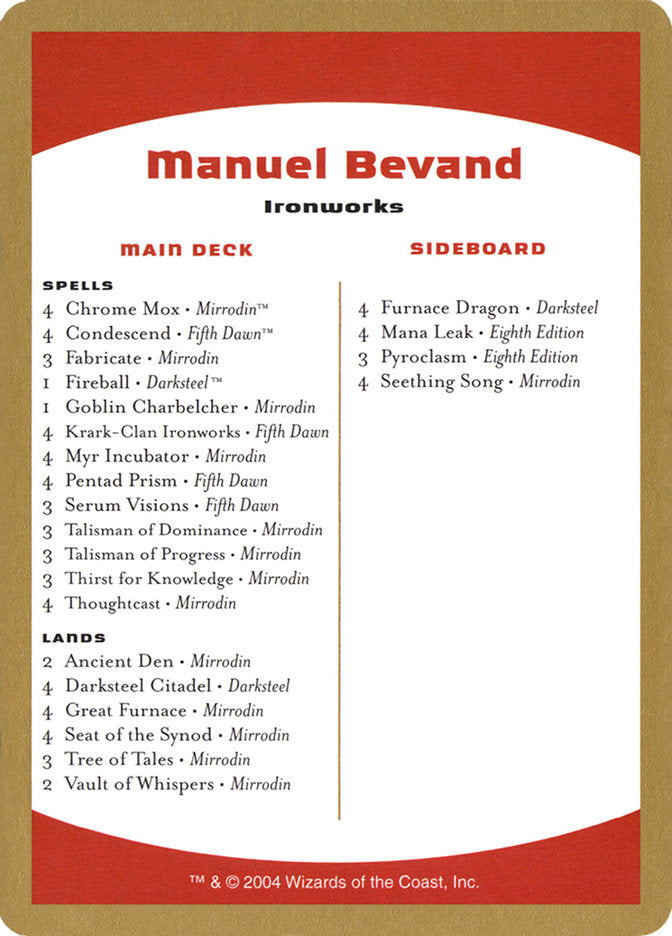 Manuel Bevand Decklist [World Championship Decks 2004] | Eastridge Sports Cards & Games