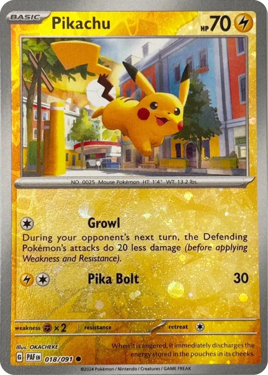 Pikachu (018/091) (Reverse Cosmos Holo) [Scarlet & Violet: Paldean Fates] | Eastridge Sports Cards & Games