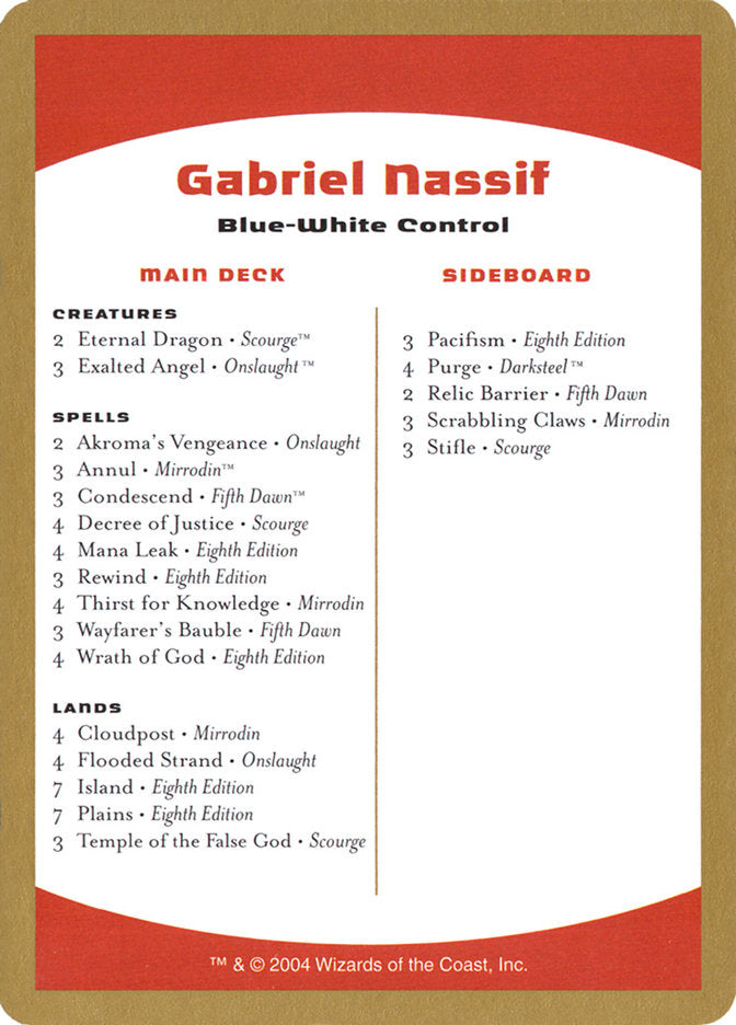 Gabriel Nassif Decklist [World Championship Decks 2004] | Eastridge Sports Cards & Games