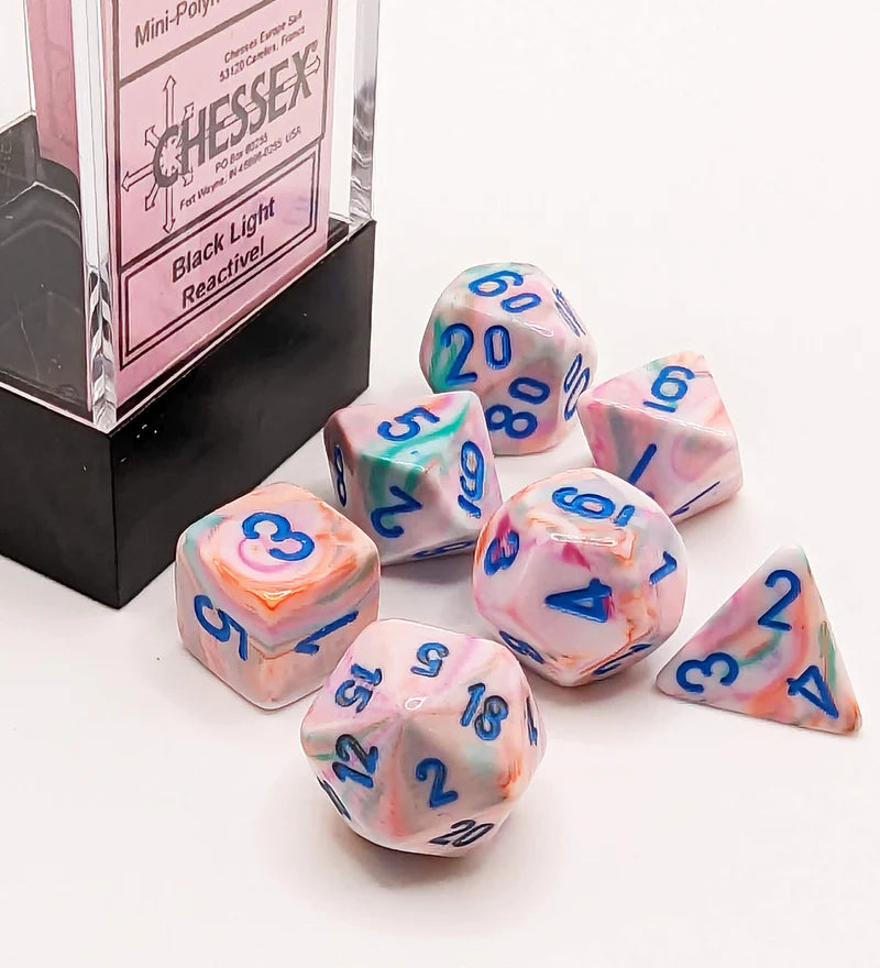 Chessex Mini 7-Die Set: Festive Pop-Art w/ Blue (CHX20544) | Eastridge Sports Cards & Games