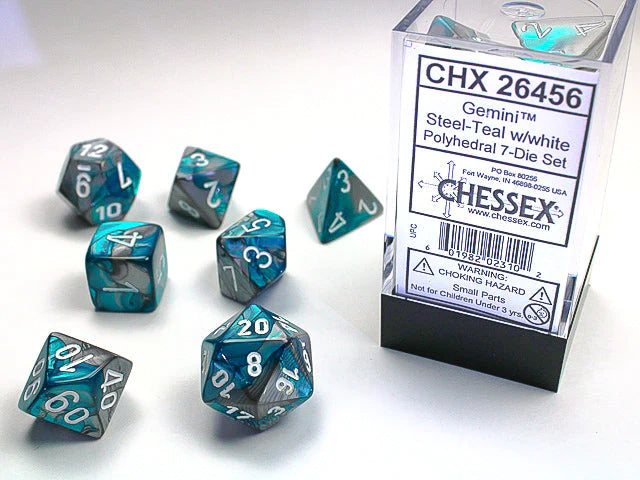 Chessex GEMINI 7 Die Set Steel-Teal/WHITE 16MM (CHX26456) | Eastridge Sports Cards & Games