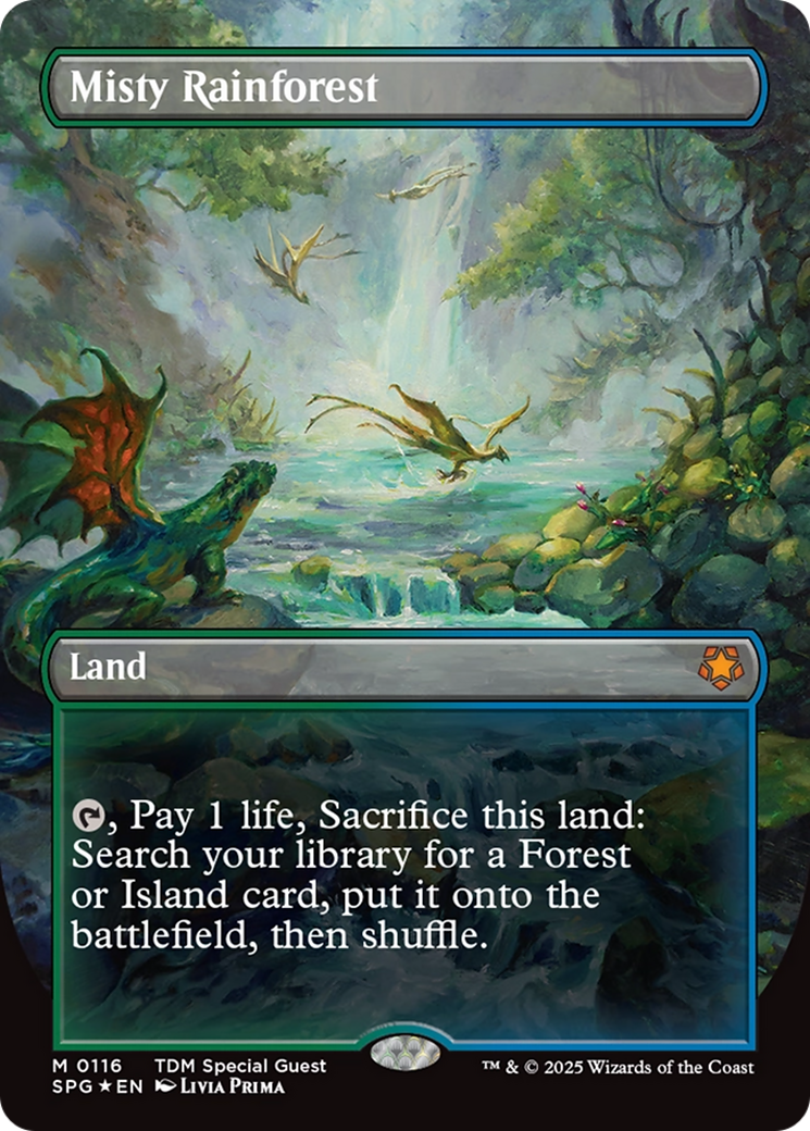 Misty Rainforest (Borderless) (Dragonscale Foil) [Tarkir: Dragonstorm Special Guests] | Eastridge Sports Cards & Games