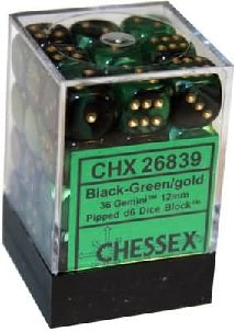 CHESSEX GEMINI 36D6 BLACK-GREEN/GOLD 12MM (CHX26839) | Eastridge Sports Cards & Games