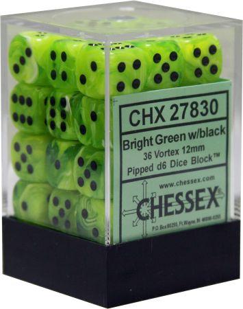 CHESSEX VORTEX 36D6 BRIGHT GREEN/BLACK 12MM (CHX27830) | Eastridge Sports Cards & Games