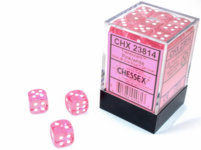 CHESSEX Translucent 36D6 Pink/White 12MM (CHX23814) | Eastridge Sports Cards & Games