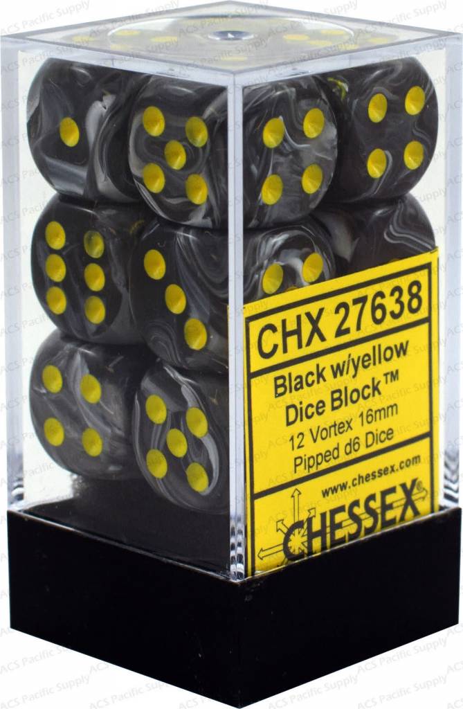 CHESSEX Vortex 12D6 Black/Yellow 16MM (CHX27638) | Eastridge Sports Cards & Games
