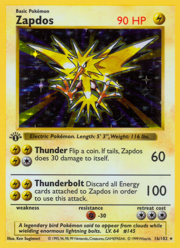 Zapdos (16/102) (Shadowless) [Base Set 1st Edition] | Eastridge Sports Cards & Games