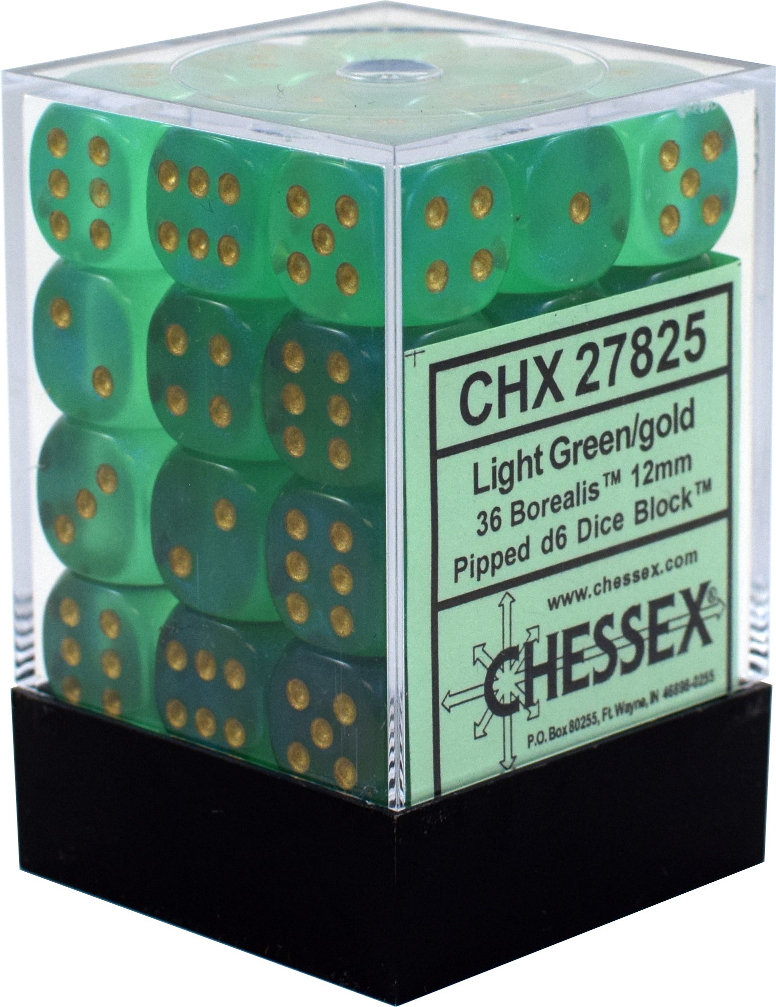 CHESSEX BOREALIS 36D6 LIGHT GREEN/GOLD 12MM (CHX27825) | Eastridge Sports Cards & Games