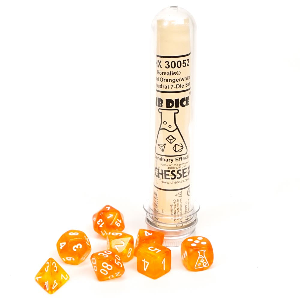 Chessex Lab Dice 7-DIE SET BOREALIS BLOOD ORANGE/WHITE 7pc Set - Luminary (CHX30052) | Eastridge Sports Cards & Games