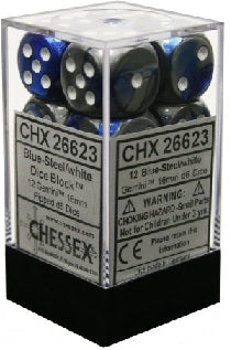 Chessex GEMINI 12D6 BLUE-STEEL/WHITE 16MM (CHX26623) | Eastridge Sports Cards & Games