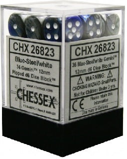 CHESSEX GEMINI 36D6 BLUE-STEEL/WHITE 12MM (CHX26823) | Eastridge Sports Cards & Games