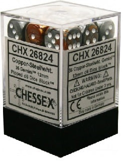 CHESSEX GEMINI 36D6 COPPER-STEEL/WHITE 12MM (CHX26824) | Eastridge Sports Cards & Games