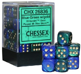 CHESSEX GEMINI 36D6 BLUE-GREEN/GOLD 12MM (CHX26836) | Eastridge Sports Cards & Games
