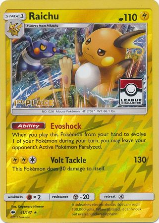 Raichu (41/147) (League Promo 1st Place) [Sun & Moon: Burning Shadows] | Eastridge Sports Cards & Games