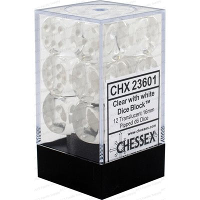 CHESSEX Translucent 12D6 Clear/White 16MM (CHX23601) | Eastridge Sports Cards & Games