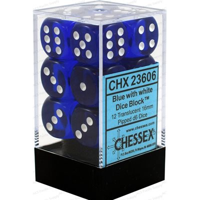 CHESSEX Translucent 12D6 Blue/White 16MM (CHX23606) | Eastridge Sports Cards & Games