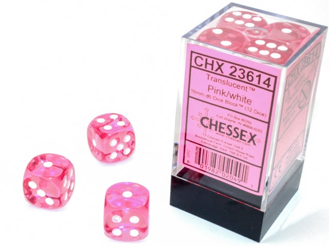 CHESSEX Translucent 12D6 Pink/White 16MM (CHX23614) | Eastridge Sports Cards & Games