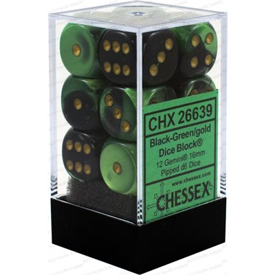 CHESSEX Gemini 12D6 Black-Green/Gold 16MM (CHX26639) | Eastridge Sports Cards & Games