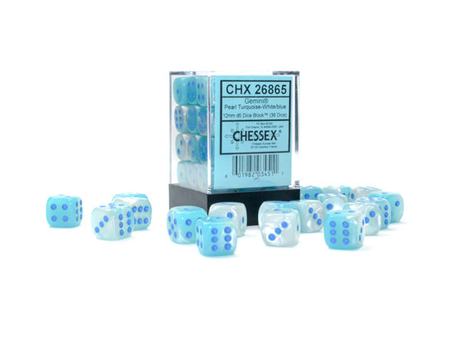 CHESSEX GEMINI 36-DIE CUBE Pearl Turquoise-White/Blue (CHX26865) | Eastridge Sports Cards & Games