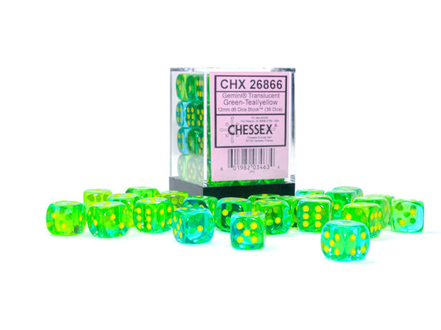 CHESSEX GEMINI 36-DIE CUBE Translucent Green-Teal/Yellow (CHX26866) | Eastridge Sports Cards & Games