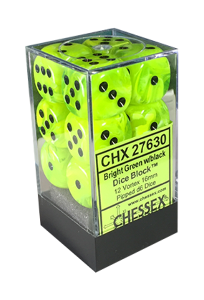 CHESSEX Vortex 12D6 Bright Green/Black 16MM (CHX27630) | Eastridge Sports Cards & Games