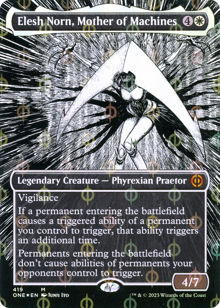 Elesh Norn, Mother of Machines (Borderless Manga Step-and-Compleat Foil) [Phyrexia: All Will Be One] | Eastridge Sports Cards & Games