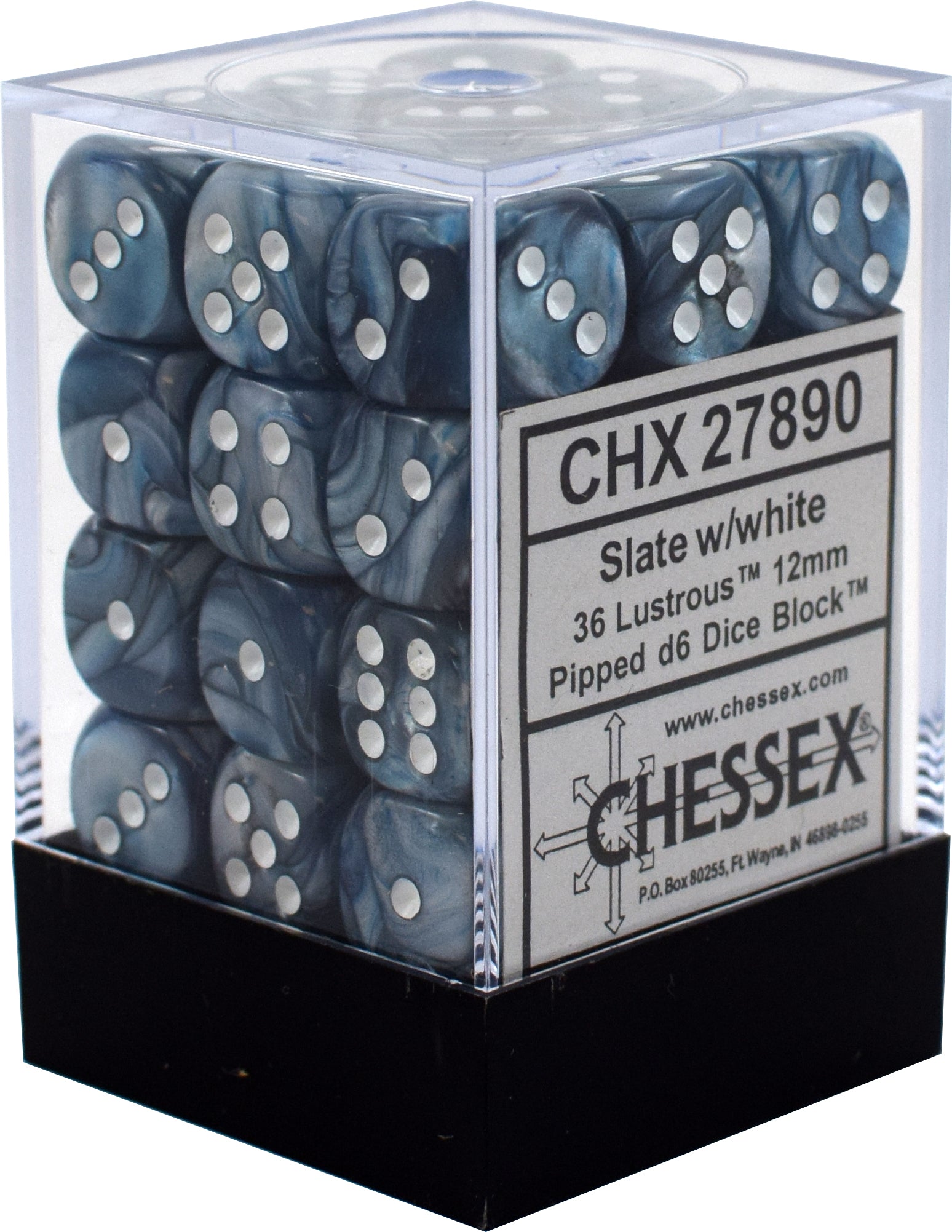 CHESSEX LUSTROUS 36D6 SLATE/WHITE 12MM (CHX27890) | Eastridge Sports Cards & Games