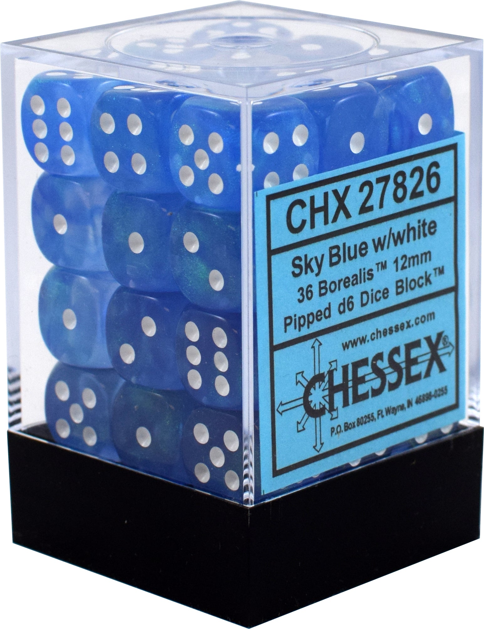 CHESSEX BOREALIS 36D6 SKY BLUE/WHITE 12MM (CHX27826) | Eastridge Sports Cards & Games