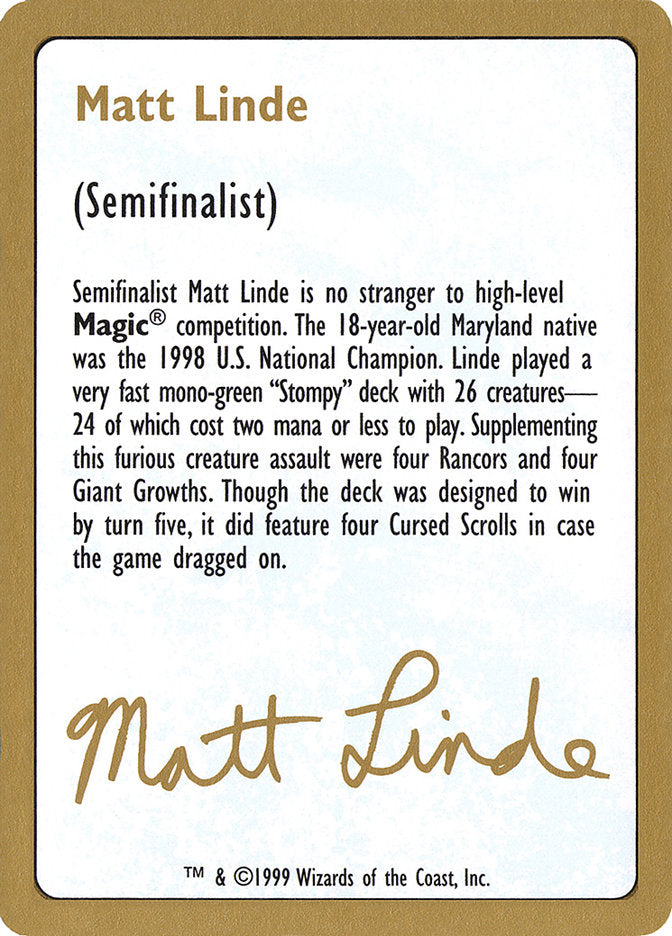 Matt Linde Bio [World Championship Decks 1999] | Eastridge Sports Cards & Games