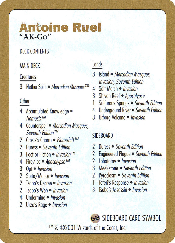 Antoine Ruel Decklist [World Championship Decks 2001] | Eastridge Sports Cards & Games