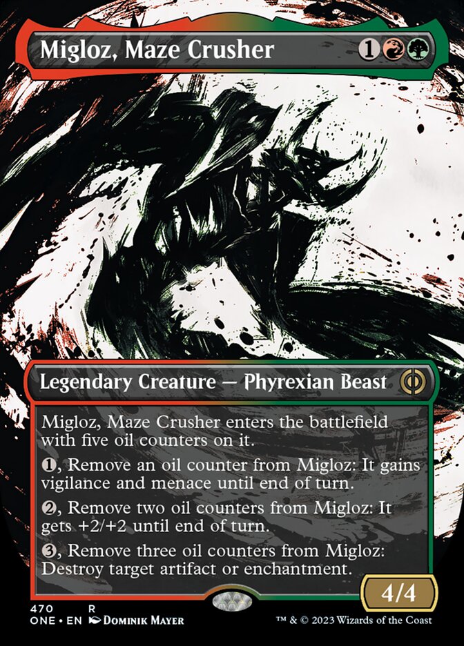 Migloz, Maze Crusher (Borderless Ichor Step-and-Compleat Foil) [Phyrexia: All Will Be One] | Eastridge Sports Cards & Games