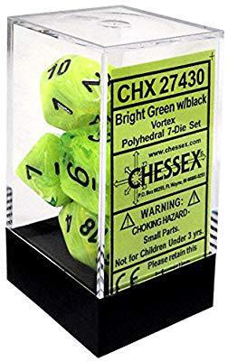CHESSEX VORTEX 7-DIE SET BRIGHT GREEN/BLACK (CHX27430) | Eastridge Sports Cards & Games