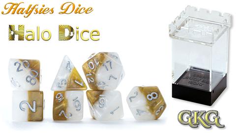 GATE KEEPER GAMES HALFSIES DICE - Halo Dice Angelic Gold & Feathery White 7-DICE SET | Eastridge Sports Cards & Games