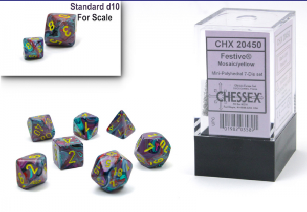 Chessex Mini 7-Die Set: Festive Mosaic w/ Yellow (CHX20450) Black Light Reactive! | Eastridge Sports Cards & Games